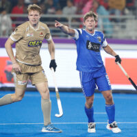 players in action during the match no.3 between Soorma Hockey Club and Tamil Nadu Dragons of Hockey India League 2024-2025, held at the Birsa Munda Hockey Stadium Rourkela, Odisha, India on the 29th December, 2024.