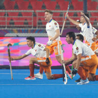 Vedanta Kalinga Lancers players celebrate goal during the match no.4 between UP Rudras and Vedanta Kalinga Lancers of Hockey India League 2024-2025, held at the Birsa Munda Hockey Stadium Rourkela, Odisha, India on the 30th December, 2024.