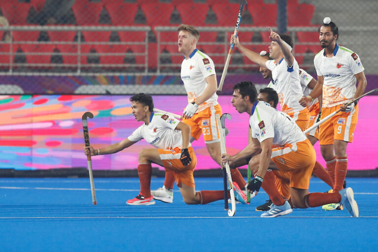Vedanta Kalinga Lancers players celebrate goal during the match no.4 between UP Rudras and Vedanta Kalinga Lancers of Hockey India League 2024-2025, held at the Birsa Munda Hockey Stadium Rourkela, Odisha, India on the 30th December, 2024.
